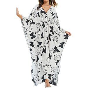 Women's White Black Butterflies V-neck Sleeve Flowy Split Bohemian Kaftan Dress